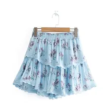 Новинка, женская мода, эластичная талия, цветочный принт, плиссированная юбка, faldas mujer, женские кружевные лоскутные юбки с оборками, QUN367