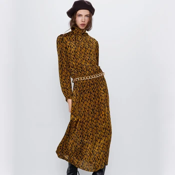 

ZA New Elastic Waist Print Dress Folds Laminated Chiffon Bow Round Neck Tie Long Sleeve Long Retro Women's Party Dress Gift