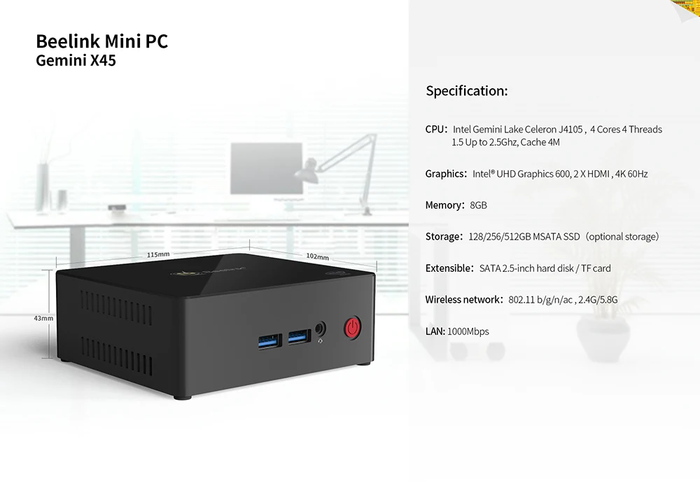 Beelink Gemini X45 Mini PC GEMINI LAKE J4105 Expandable 1TB HDD/SSD 2.4GHz+5GHz WIFI 1000Mbps USB3.0 HDMI BT4.0 support 4K