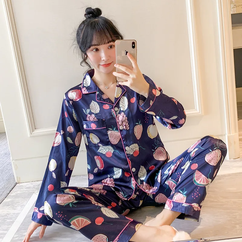 

[Temperature Attitude Warm] Korean-style Spring Women's Model Silk Fold-down Collar Printed Long Sleeve Trousers Home Wear Two-P