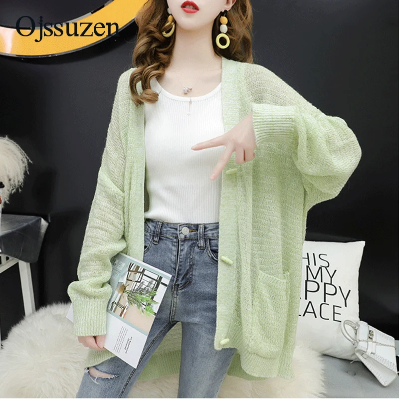 

Long Sleeve Thin Knitted Cardigan For Women With Pocket Button Beige Pink Green Oversize Women's Sweater Jacket Knit Korean