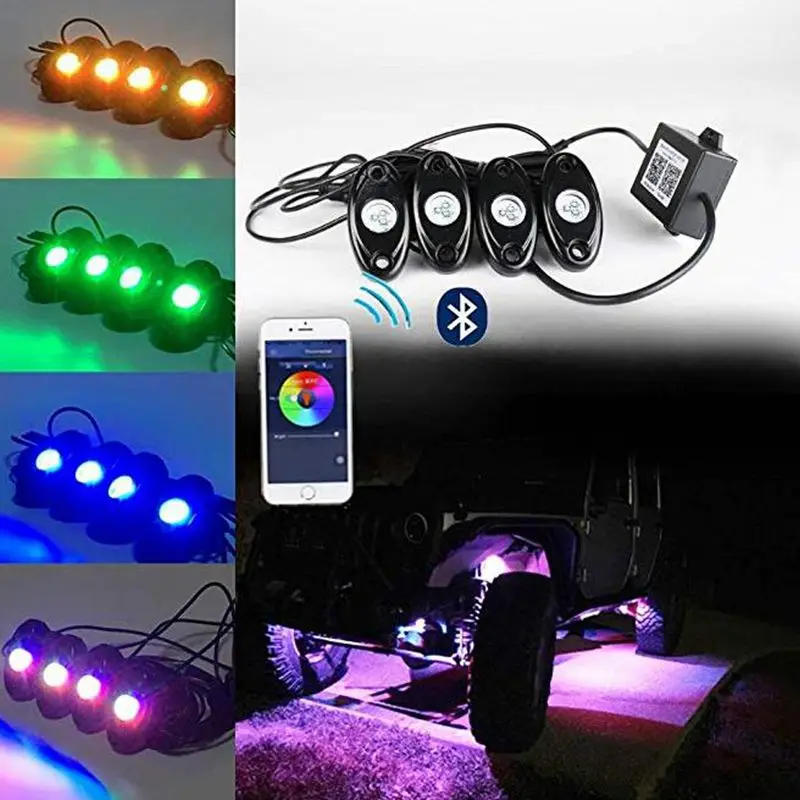 

4 Pods SoundSync Bluetooth App Decorative Controls Lamps RGB LED Rock Lights Kits for Trucks SUV ATV Offroad Crawling Climbing