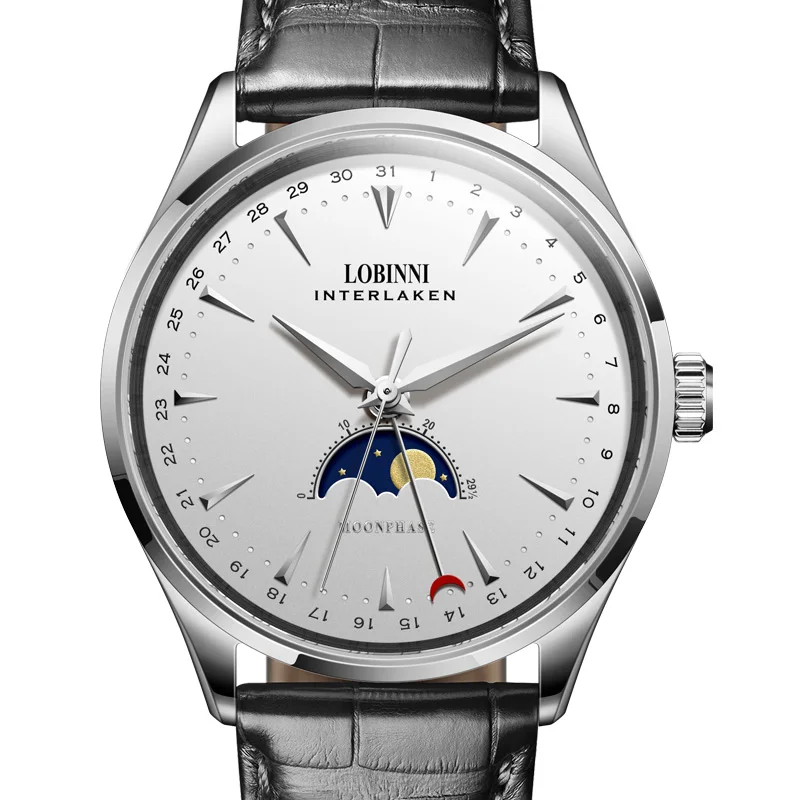 LOBINNI швейцарские мужские часы люксовый бренд Moon Phase авто механические мужские часы Сапфировая кожа relogio masculino L16012 - Цвет: White