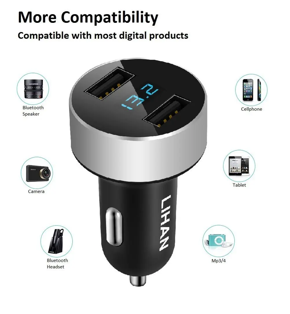 Автомобильное зарядное устройство с двумя USB портами и ЖК дисплеем|Зарядные