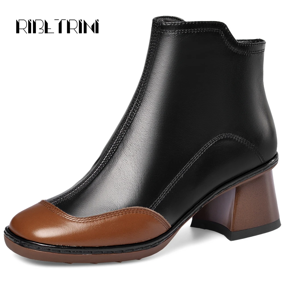 

RIBETRINI Patchwork Genuine Leather Shoes Woman Vintage Round Toe Side Zipper Ankle Boots For Women Trunky Heel Boots Women