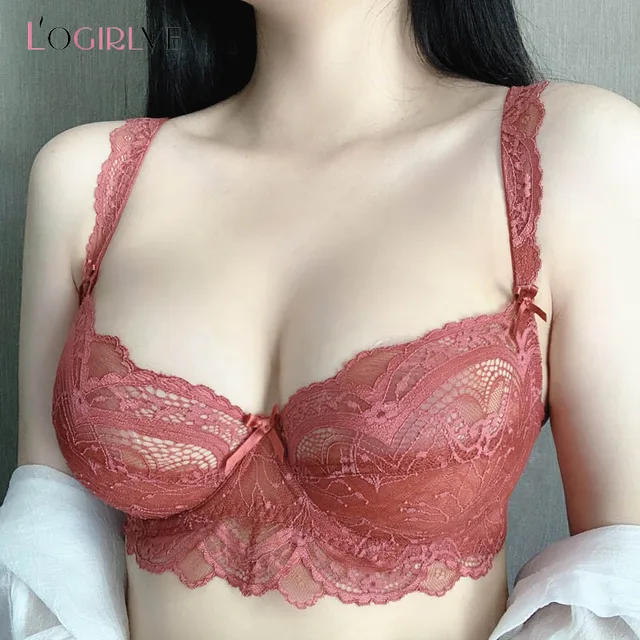 Logirlve New Ultrathin Bra Brassiere Sexy Underwear Plus Size D E Cup Embroidery Women Lingerie White Lace Bras Hollow out 2