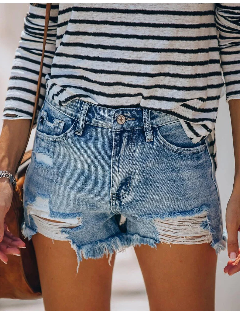 hotpants 2022 New Women Slim Tassels Hole Denim Shorts Fashion Casual Summer Blue Denim Shorts Sexy Solid Color Wash Streetwear Shorts high waisted denim shorts