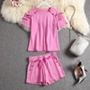 ALPHALMODA 2022 Summer New Arrived Women Cute Tshirt Shorts 2pcs Set Ruffled Sleeve Button Design Sweet Girls Clothes Set ► Photo 3/6