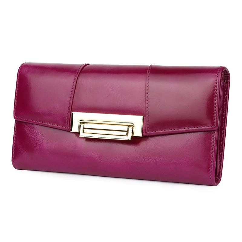 

New Top Layer Oil Wax Leather Female Wallet Fashion Large Capacity Tri-fold Genuine Leather Clutch Lady Cow Leather Wallet