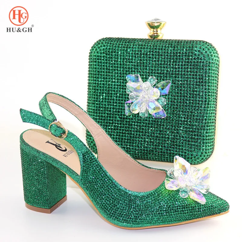 

African Women Shoes And Bag Set To Match Green Color High Quality Italian Pointed Toe Shoes in Heel With Matching Bags For Party