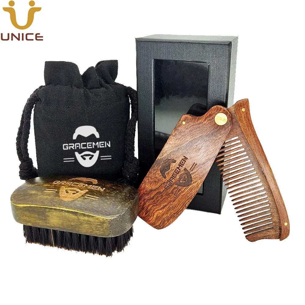 MOQ 100 Sets OEM ODM Custom LOGO Retro Men Beard Care Set with Premium Sandalwood Wooden Foldable Comb & Mini Beards Brush