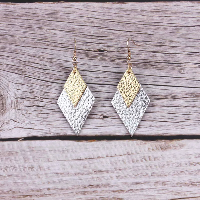 ZWPON золотые серебряные Многослойные из натуральной кожи ромбовидные серьги для женщин геометрические металлические серьги из кожи ювелирные изделия оптом