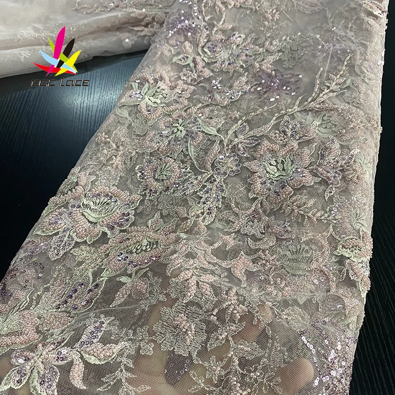 US $125.06 High Quality 2020 Tulle sequins handmade Beaded French Nigerian Lace Fabrics Pearls Embroidered Guipure African 3d Lace Fabric