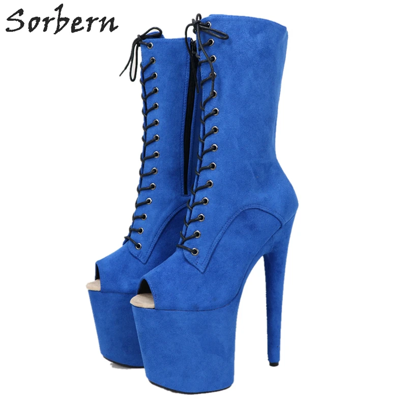 Sorbern Peep Toe Stripper Pole Dance Booties For Women 8Inch Extreme High Heel Platform Shoes Ankle Heels Boots Women Booties - Цвет: Blue