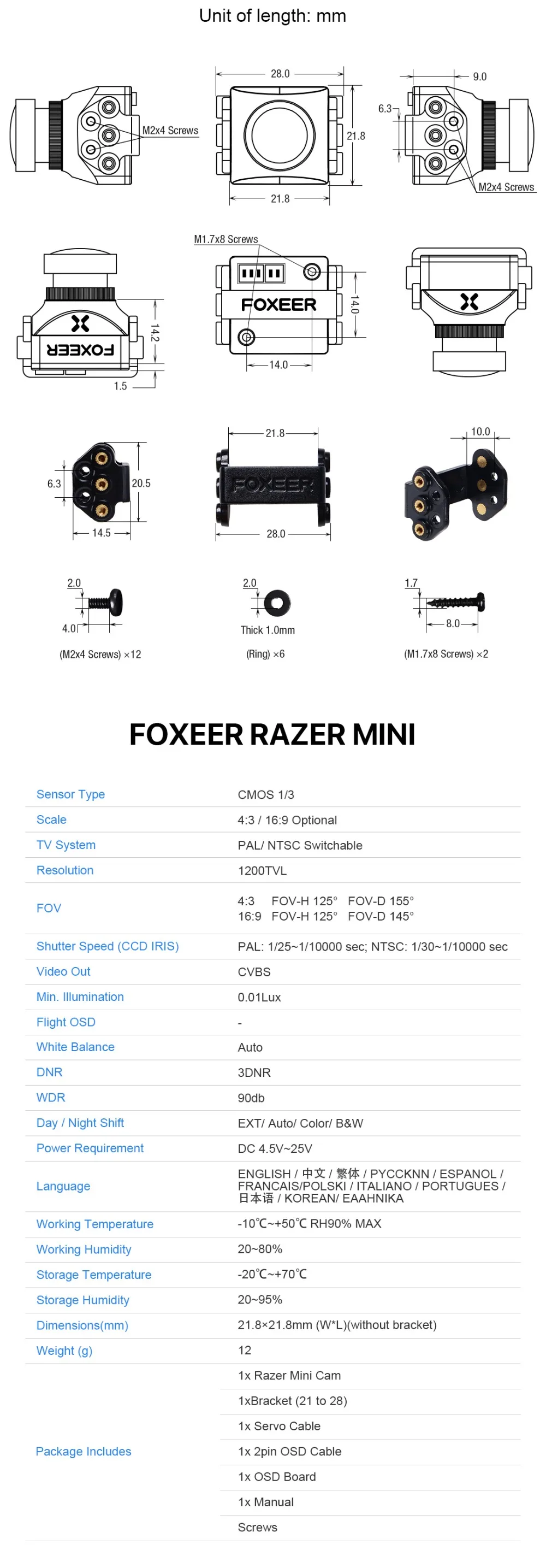 Foxeer razer Mini HD 5MP 2,1 мм M12 объектив 1200TVL стандартная FPV камера 4:3/16:9 NTSC/PAL переключаемая камера с задержкой 4 мс