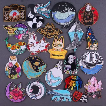 

Cartoon Animal Patches Anime Iron On Patches On Clothes Whale Bat Stickers DIY UFO Camera Applique Badge Embroidery Patch Stripe