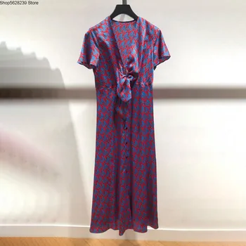 

French Elegant 2020 Summer V Collar Lace Temperament Printing Short Sleeve Long Money Women's Wear Dress 20045