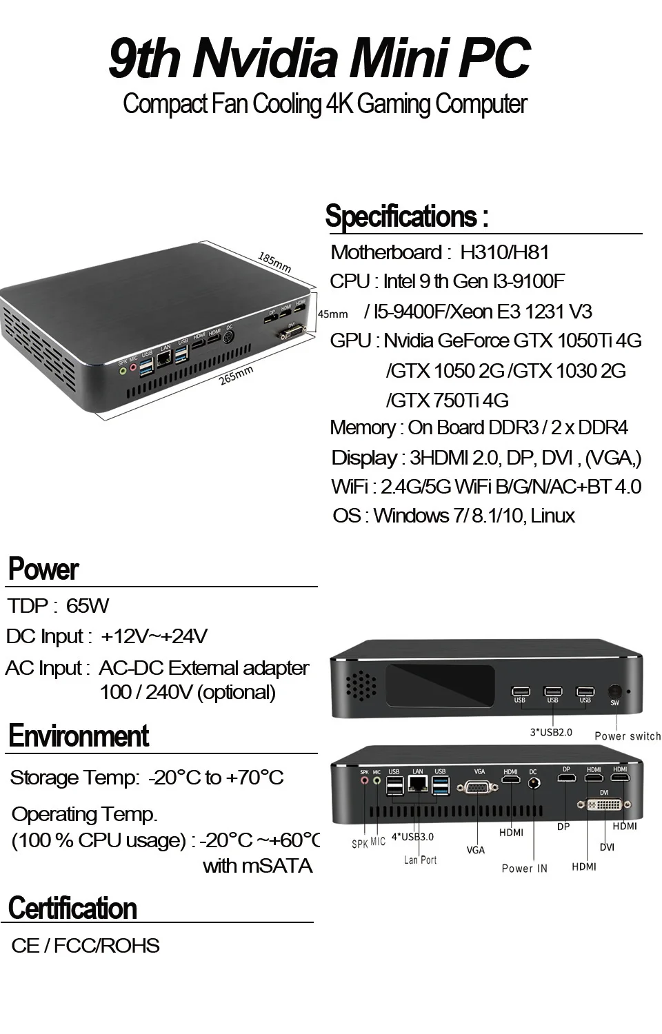 9th Intel I3 9100F i5 9400F Xeon E3-1231 v3 DDR4 miniPc игровой USB3.0 4G WiFi NVIDIA GeForce GTX 1050Ti 750Ti ноутбук крошечная ТВ-приставка