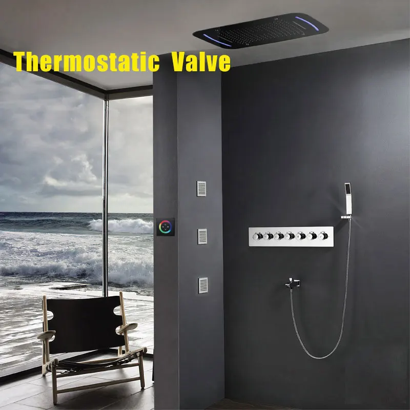 Thermostatic Valve Термостатический смеситель с клапаном, сенсорная панель, светодиодный душ с дождевой насадкой, водопад, душевой набор для ванной, 71X43 см, большая туманная душевая головка, массажный спа - Цвет: Thermostatic Valve