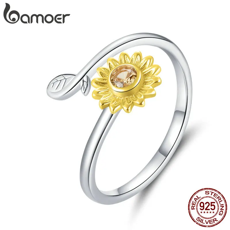 bamoer Genuine 925 Sterling Silver Sunflower Open Finger Rings for Women Gold Color Daisy Flower Korea Style Jewelry BSR127