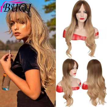 

BUQI Long Ombre Wavy Hairstyle Black Brown Blonde Synthetic Wigs with Bangs for Black Women