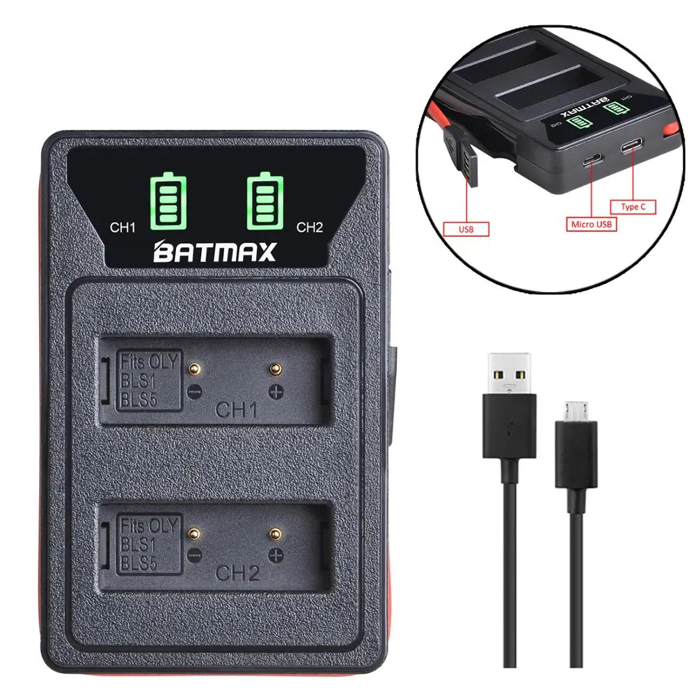 Batmax Ps-Bls1 Bls1 Caricatore Doppio Led Con Porta Tipo C Per Olympus E-400,E-410,E-420,E-450, E-P1 Penna, E-P2, E-P3, E-Pl1, E-Pl3