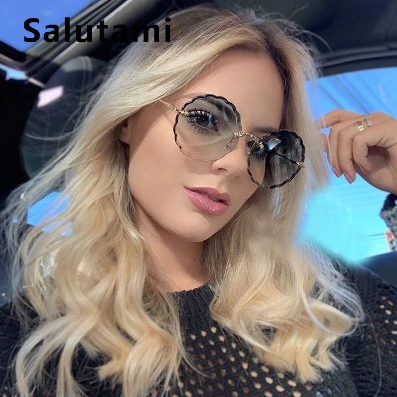 

Cutting Rimless Flower Frame Women Sunglasses 2019 Brand Clear Round Eyewear Ladies Vintage Blue Pink Sun Glasses Alloy Shades