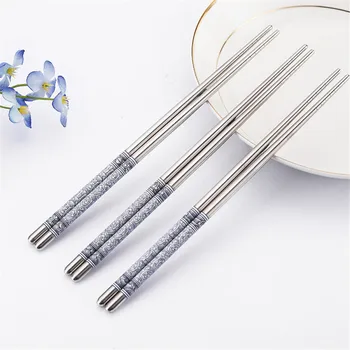 

5 Pairs Stainless Steel Chopsticks Reusable Flower Printed Non-slip Chopsticks Stainless Steel Tableware Kitchen Food Chopsticks