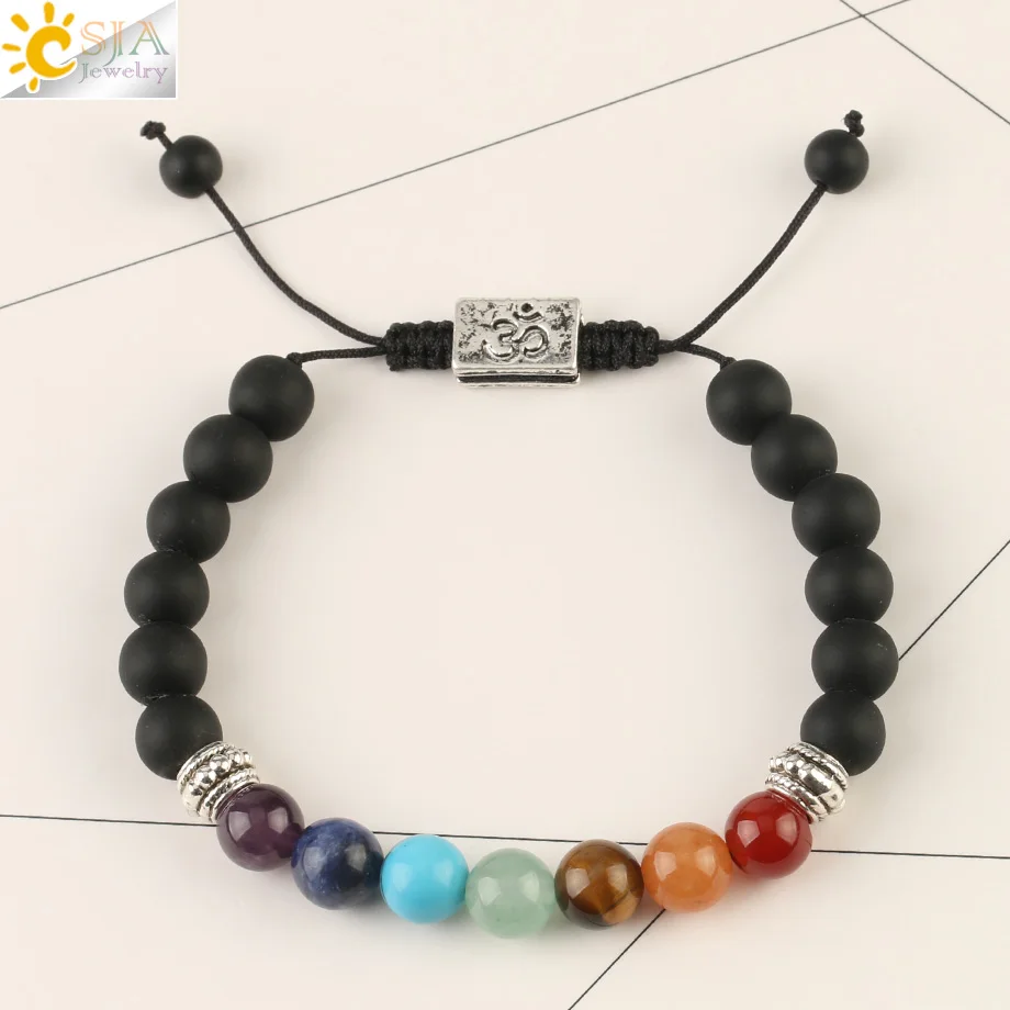 Matte Black Onyx Csja 7 Чакра натуральные камни плетеные браслеты рейки Баланс йога 3D символ ом регулируемые Подвески Strand браслет для женщин G186 - Окраска металла: Matte Black Onyx