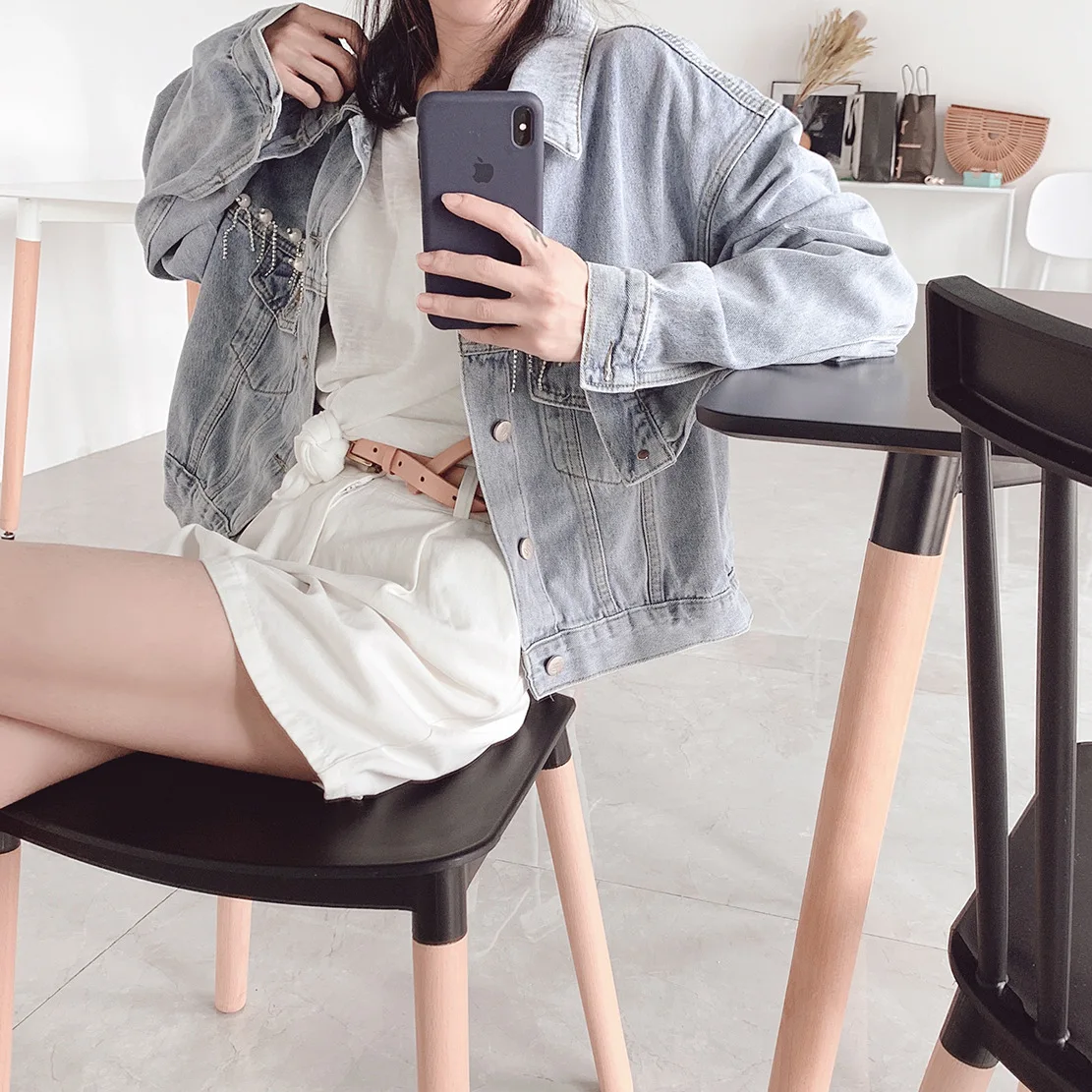 

2019 Autumn New Women Pure Color Hand-sewn Three-dimensional Hand-sewn Women Denim Jeans Jacket Women Coat