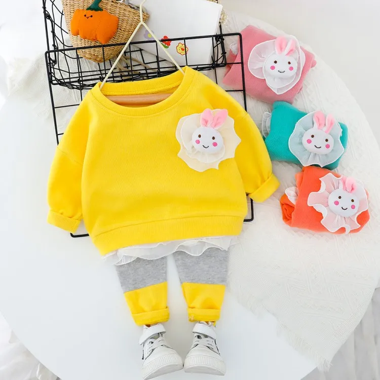 

2020 Spring Girls Cartoon Cute Fashion Set Small Baby GIRL'S-Korean-style Lace-up Hoodie Two-Piece Set