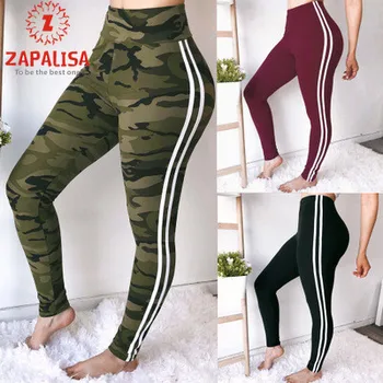 

Zapalisa Camouflage & Solid Color White Side Stripes Panelled Design Streetwear High Waist Skinny Sweat Pants for Fitness Wear
