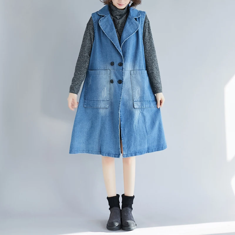 Limit 63 Yuan Photo Shoot Korean-style Large Size Denim Waistcoat Women's Shirt Collar Long Waistcoat#9069