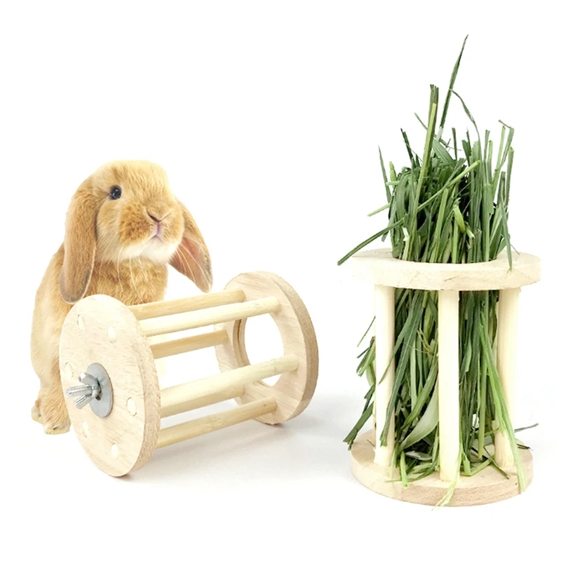 Rabbit Hay Feeder Chinchilla Rabbit Food Dispenser Wooden Rolling