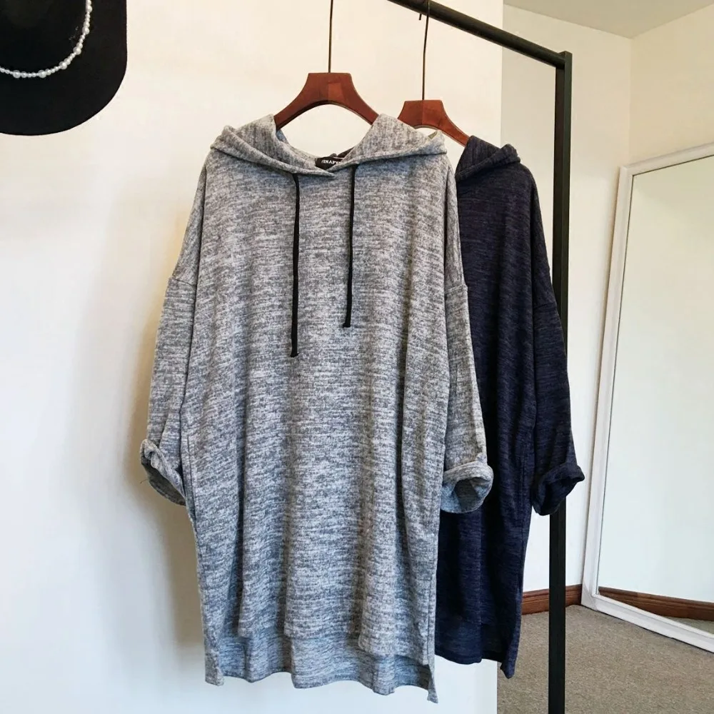 2017 Весна и осень смешанные трикотажная с капюшоном sweatershirt свободный рукав "летучая мышь" боковые карманы средней длины пуловер с капюшоном