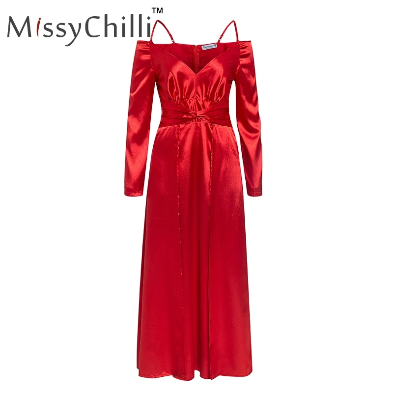 Женское платье с длинным рукавом MissyChilli красное сатиновое глубоким вырезом и