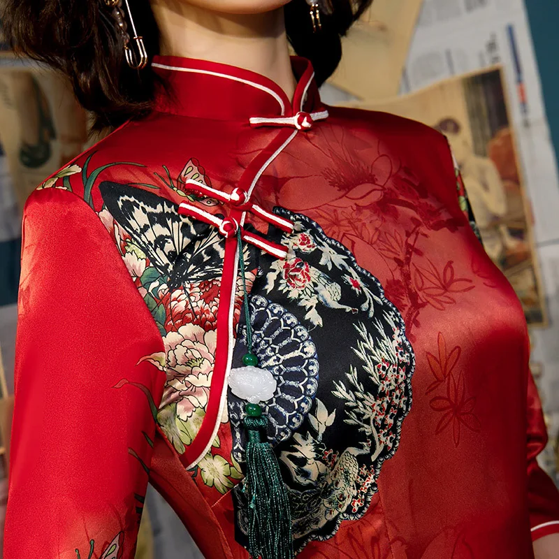 Новые женские Qipao воротник мандарина ручной работы Кнопка Cheongsam Новинка китайский формальный печати платье Плюс Размер S M L XL XXL XXXL 4XL