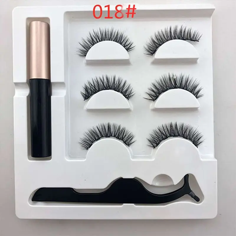 professional 3 Pairs False Eyelashes Set With Tweezer Makeup Kits Magnetic Eyeliner Liquid Thick And Curled Eyeashes - Color: A8