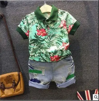 

2PCS WLG boys summer clothing set kids boy floral printed shirt and denim ripped short set children clothes