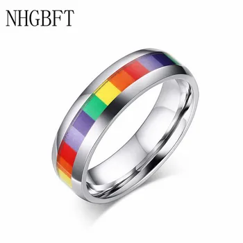

NHGBFT 6mm wide Rainbow stickers Lesbian Rings For Women Stainless Steel Pride Ring Wedding couple jewelry