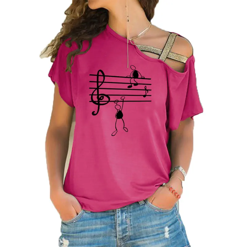 Музыкальная футболка с забавным принтом, женские летние футболки с короткими рукавами с изображением животных, Harajuku, футболка для девочек, асимметричные топы с перекрещивающимися полосками, футболка - Цвет: 17