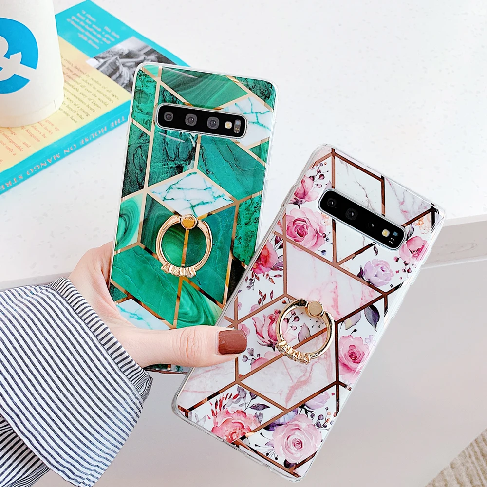 Чехол с кольцом-держателем геометрическим рисунком под мрамор для Samsung Galaxy A51 A71 A50