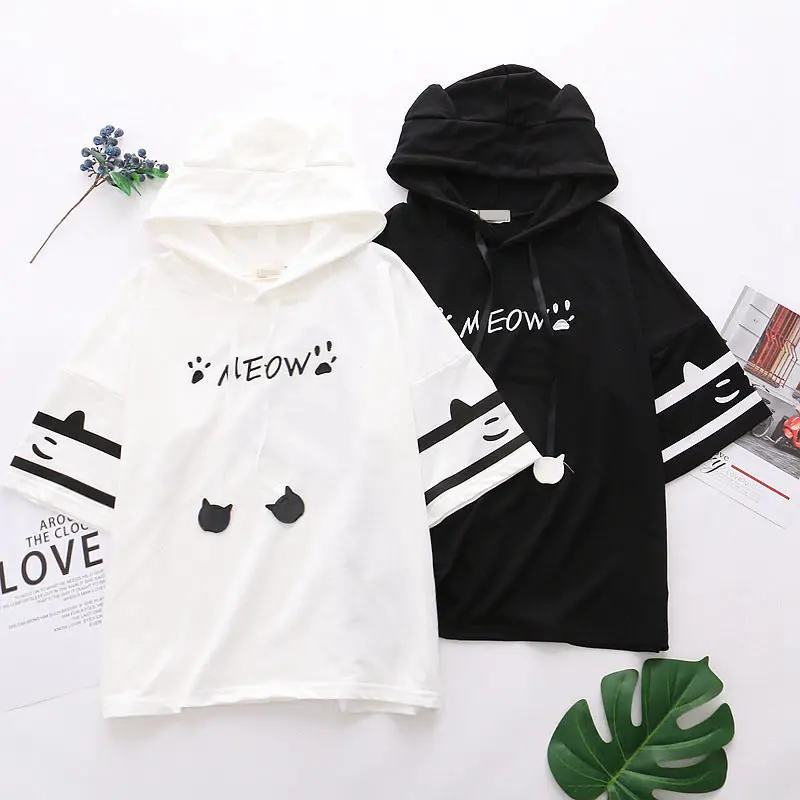 T-shirts Women Patchwork Loose Haruku All-match Short Sleeve Hooded Summer Cute Korean Version Stylish Student Tops799_voghion.com