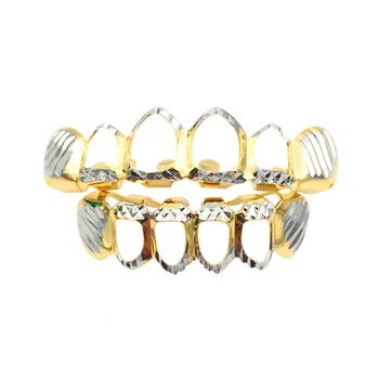 

Hip Hop Teeth Grillz Gold Color Plated Top&Bottom Grills Dental Hollow Open Face Grill Tooth Caps Body Jewelry Unisex Men Women