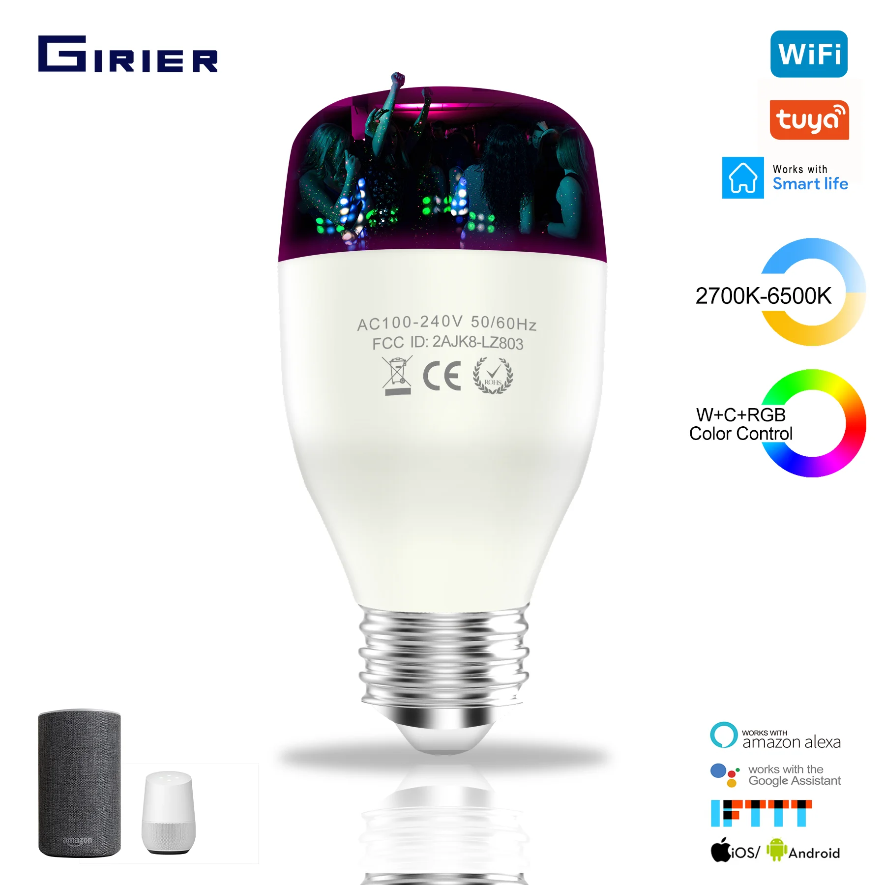 E26/27 умный Wifi светодиодный светильник 7/9 Вт WCRGB Tuya умная лампа с регулируемой яркостью, меняющая цвет с музыкой, совместимая с Alexa Google Home