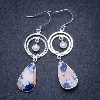 

Natural Navy Sodalite and River Pearl Handmade Unique 925 Sterling Silver Earrings 2.5" Y1230