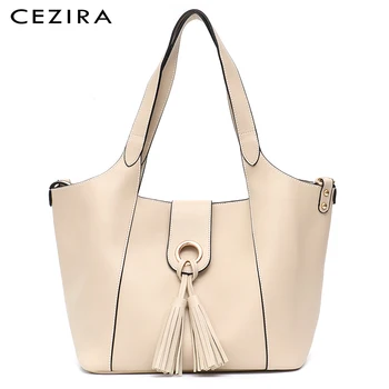 

CEZIRA Casual Bucket Tote Fashion Bag Women Vegan Flap String Tassel Large Shoulder Handbag&Crossbody Lady Purse With Baby Bag