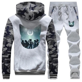 

Japanese Anime Fleece Pants Hoodie Sailor Moon Male Set Sweatshirts Casual Thick 2 Piece Sets Gym Suit Camo Winter Streetwear