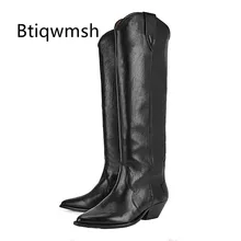 Сапоги до колена из натуральной кожи; женские сапоги на танкетке с острым носком и вышивкой; женские ковбойские сапоги; zapatillas mujer