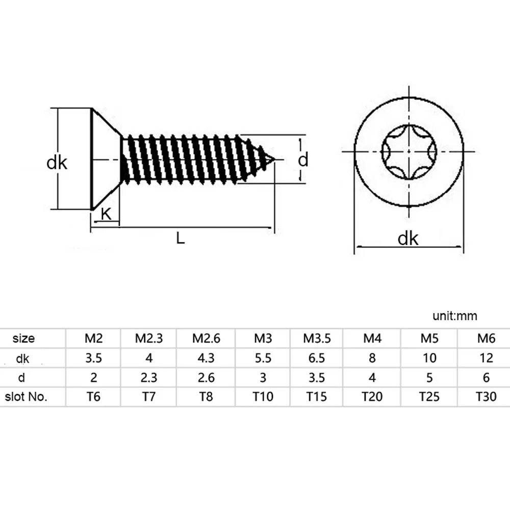 5/50x st2 m2.3 m2.6 m3 m3.5 m4 m5 m6 304 a2 aço inoxidável seis lóbulo torx cabeça escareada plana segurança auto-rosqueamento parafuso de madeira